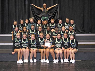 Beautifully perfect: RBHS cheer squad poses with state trophy after competition.
