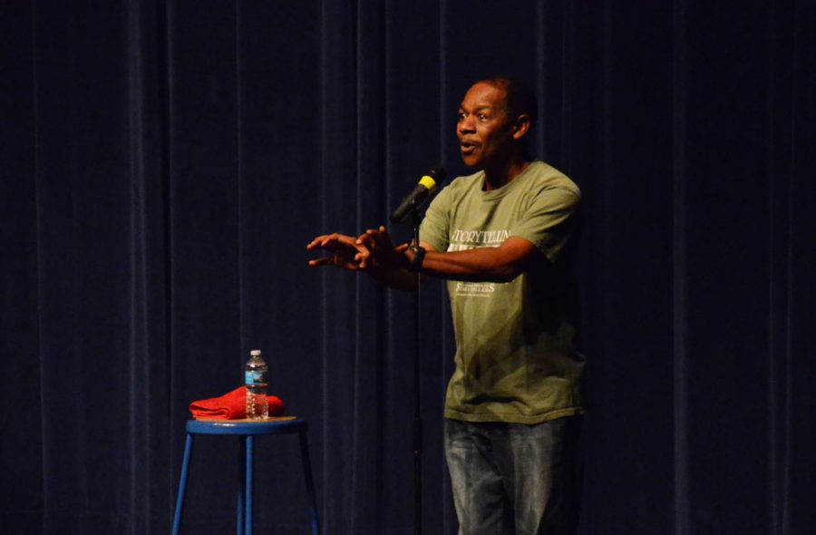Speaker Bobby Norfolk performs in the PAC to an audience of World Studies, advisory and African American History classes. Photo by Morgan Nuetzman.