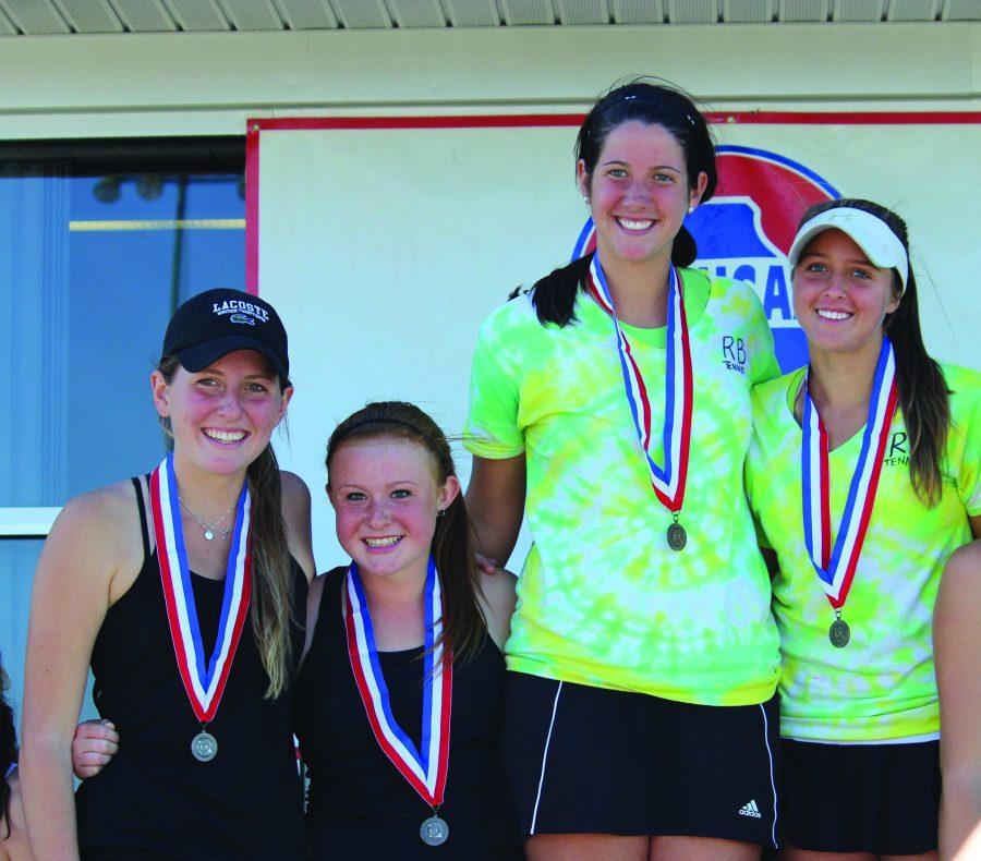 Racket-ing up points:
From left, senior Maddy Kayser, junior Allison Baker, sophomore Phoebe Boeschen and junior Sophi Farid competed in the state championship doubles match taking the first and second places overall, after each other. The team came in second overall.