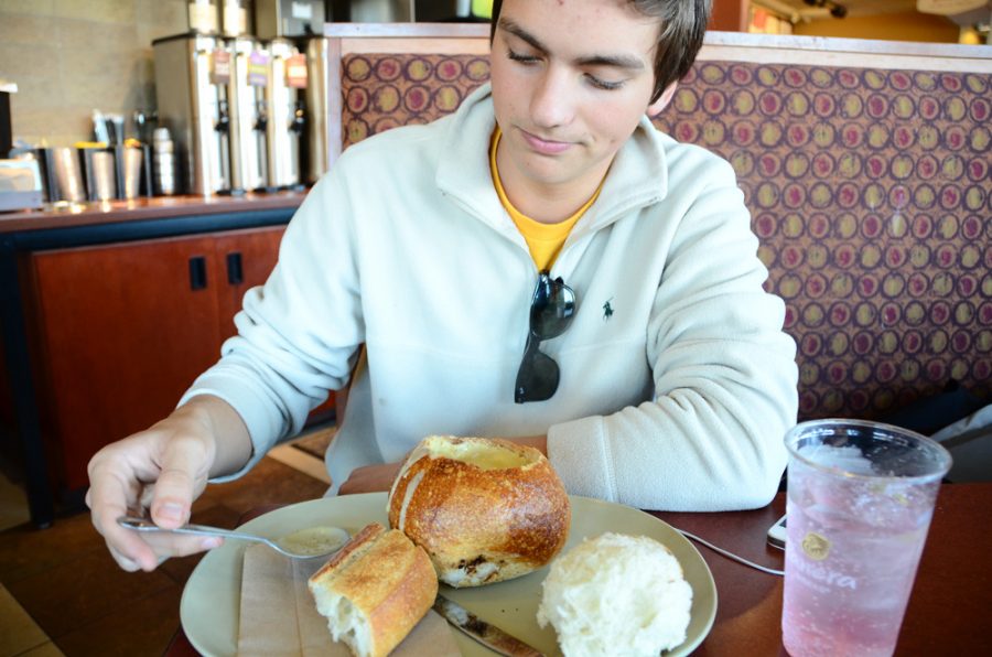 Senior Todd Hague works through a bread bowl at Panera during lunch on Friday. Photo by Elizabeth Upton