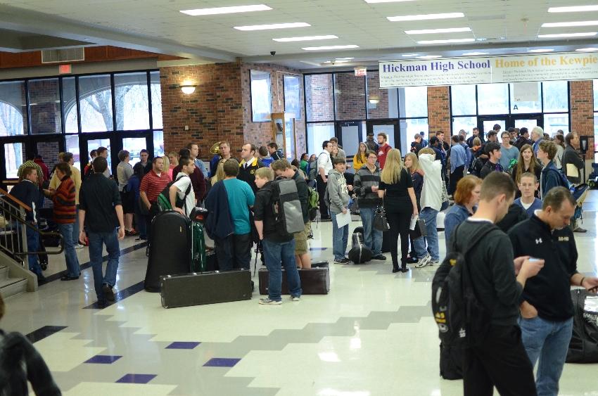 In the lobby of Hickman High School, hundreds of band students from around the state gathered to audition the All-State Concert and Jazz ensembles. To be selected to either group is an extremely prestigious honor. Photo by Alyssa Sykuta.