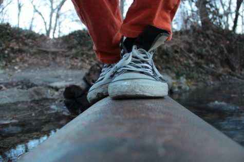 Pretty soon, the adventure just devolved into me taking pictures of my shoes, such as this one of crossing the creek on an old sewage pipe thats served as a bridge for as long as I can remember.