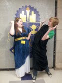 Rock Bridge students Meghan Schwartzkopf, junior, and C.J. Phillips, sophomore compete in the costume competition. The Latin 1 students depict a scene from the Illiad in which Clytemnestra kills her husband, Agamemnon, for sacrificing their daughter to the gods.