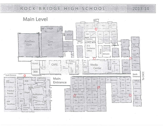 Circled in red are the locations around the school building where recycling receptacles are placed. Teachers are expected to empty their class recycling bins into these receptacles each week. 