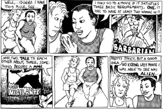 Bechdel test rules are explained in "Dykes to Watch Out For" by Alison Bechdel.