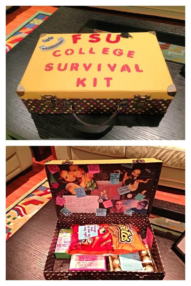 This cute survival kit includes things like pictures, food, movies, notes, and other practical items. It can be found at http://www.pinterest.com/pin/194499277629823864/