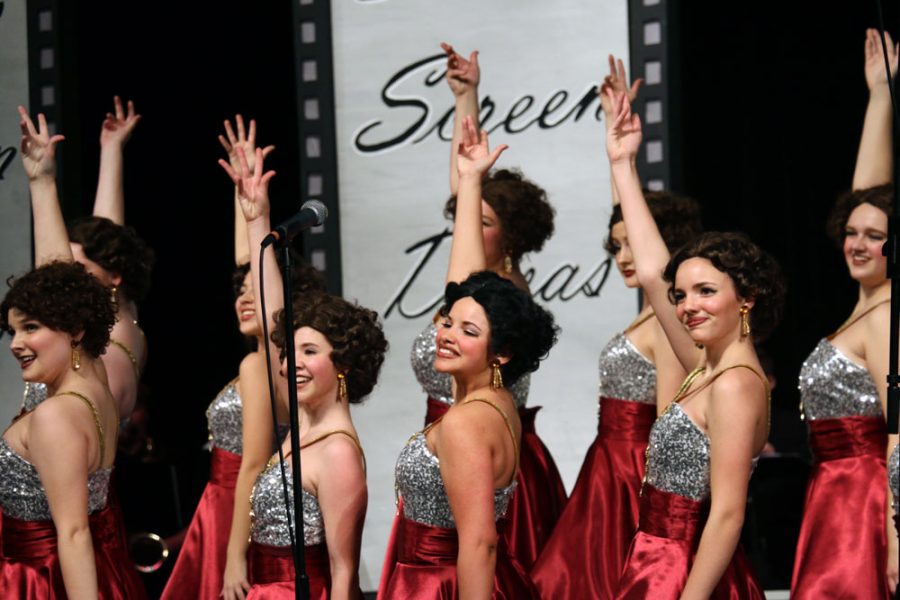 Satin n Lace Performers strike a pose during their Broadway Divas performance. Sophomore Sarah Merrifield is in the first row far right. 