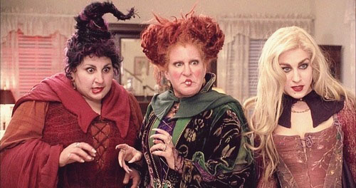 Sarah Najimy, Bette Midler and Sarah Jessica Parker as the Sanderson sisters in Hocus Pocus.