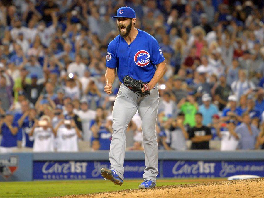 Chicago Cubs starting pitcher Jake Arrieta reacts after throwing his first career no-hitter during the ninth inning of a baseball game against the Los Angeles Dodgers, Sunday, Aug. 30, 2015, in Los Angeles. The Cubs won 2-0. (AP Photo/Mark J. Terrill)