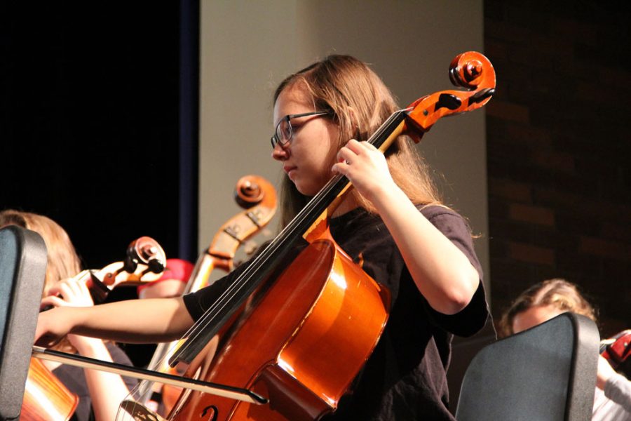 Junior Mollie Nevels follows along with the rest of the orchestra, playing an essential role in creating the beautiful harmonies of orchestra arrangements.