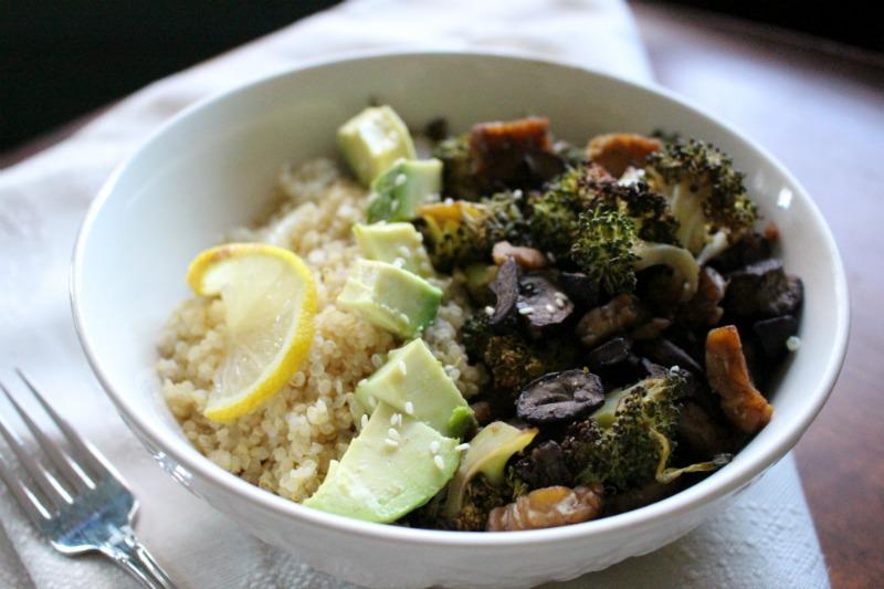 Spicy-Sweet roasted broccoli, mushrooms over quinoa