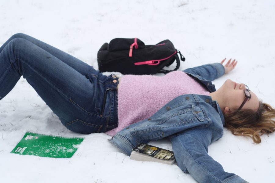 Junior Alyssa Gibler lays in the snow with her school work.