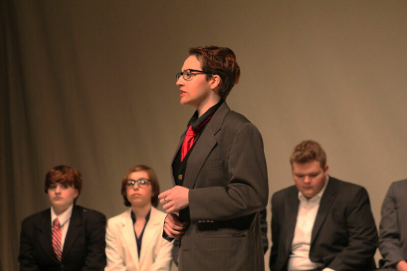 Sophomore Bailey Long leads the trial as an attorney in the performance of Execution of Justice. Photo by Camille McManus