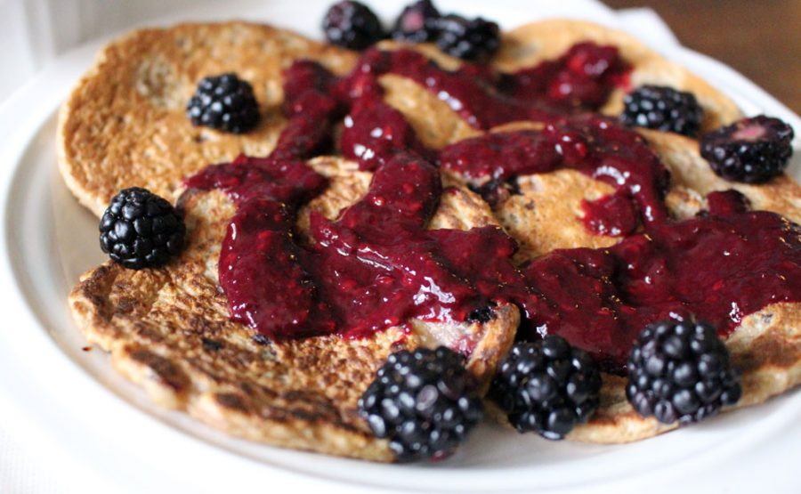 Blackberry-Ginger Pancakes with blackberry pie sauce