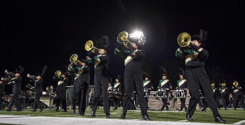 The Emerald Regiment marching band performs When the Clock Strikes Twelve during halftime Sep 14. The repertoire includes Camille Saint-Saëns classically haunting Danse Macabre. Photo by Maya Bell. 