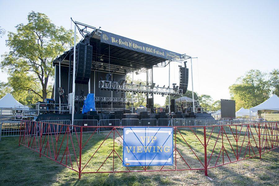 Before Roots N Blues N BBQ opens its gates to thousands of visitors, volunteers set up stages and check sound equipment. The  Missouri Lottery Stage is one of two main stages at the festival. Photo by Maya Bell. 