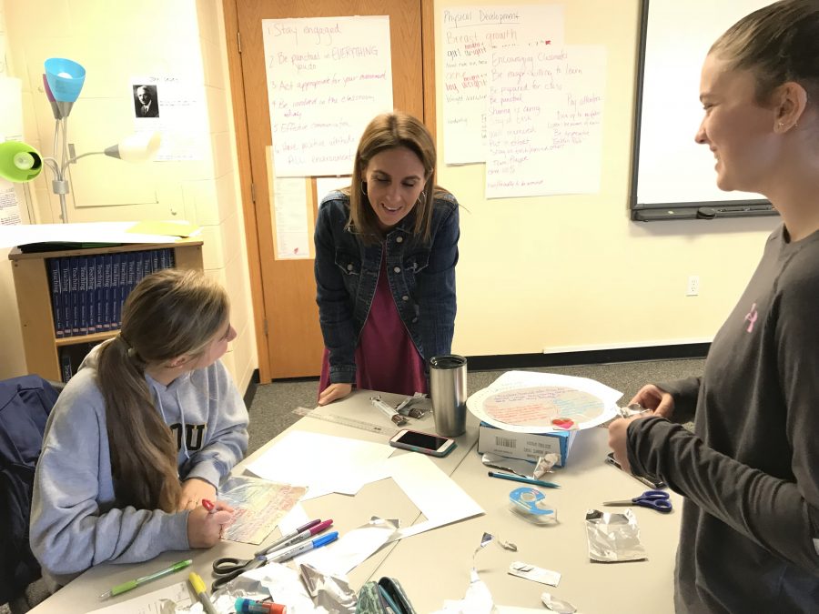 Teaching Professions teacher Gina Greenplate helps students with a project during her second hour Teaching Professions class. This class, along with Greenplates other classes, collected money for Lizzys Walk of Faith. The classes raised a total of $750. Photo by Allie Pigg.
