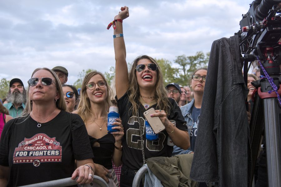 (From left) Missouri natives McKayla Smith and Emma Short enjoy Trombone Shorty & Orleans Avenues performance at The 2018 Roots N Blues N BBQ Festival in Columbia on Sunday Sept. 30.  The pair traveled from their current home of New Orleans, Trombone Shortys birthplace, for the festival. Photo by Maya Bell. 