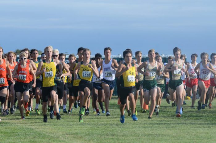 The boys cross country team starts the 5,000 meter race Saturday, Sept. 28. Photo by Corinne Farid.