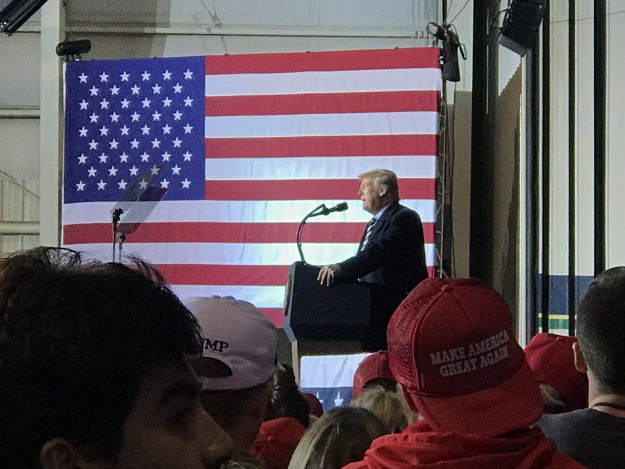 At+the+rally%2C+President+Trump+touched+on+the+low+unemployment+rates+and+issues+regarding+immigration+all+while+endorsing+Josh+Hawleys+campaign.+Photo+by+Allie+Pigg.