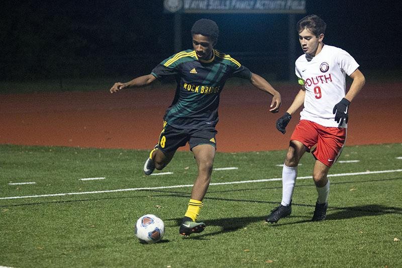 During the second half of the game v. FZS sophomore Jeremiah Johnson passes the ball off in hopes of a second goal. Jeremiah played a key offensive piece during last nights game. He was able to move the ball, and helped the Bruins stay on the offensive. 