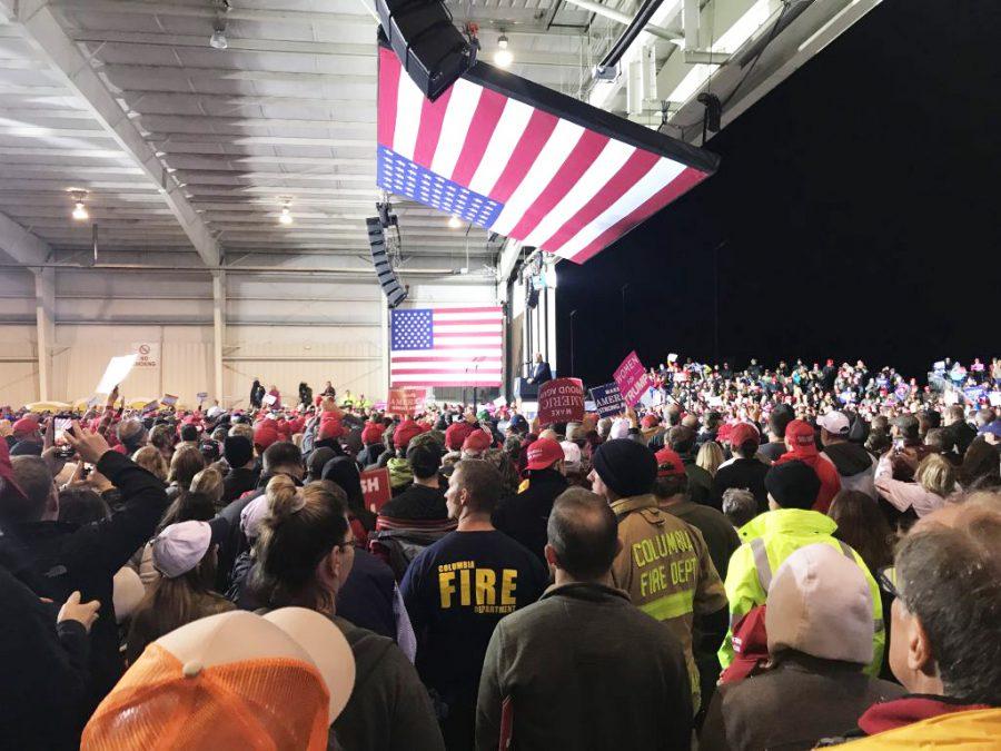 President Trumps rally took place at the Columbia Regional Airport under a hangar. The hangar reached its full capacity before 5:00 p.m., according to KOMU News. Photo by Allie Pigg.