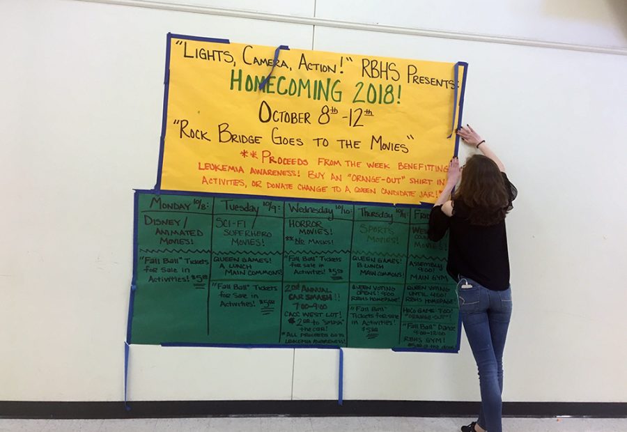 A sign advertising Homecoming week 2018 hangs in the main hall. 