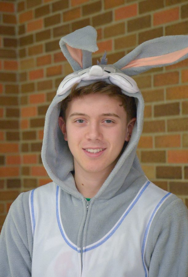 Brent Brightwell dressed up as Bugs Bunny from Space Jam. Its cold outside and I wanted an excuse to wear my onesie. And... school spirit!