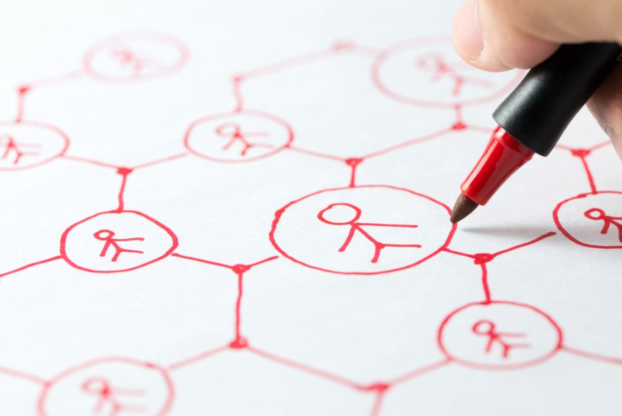 Social media network or people communication diagram drawn on paper using red color pen