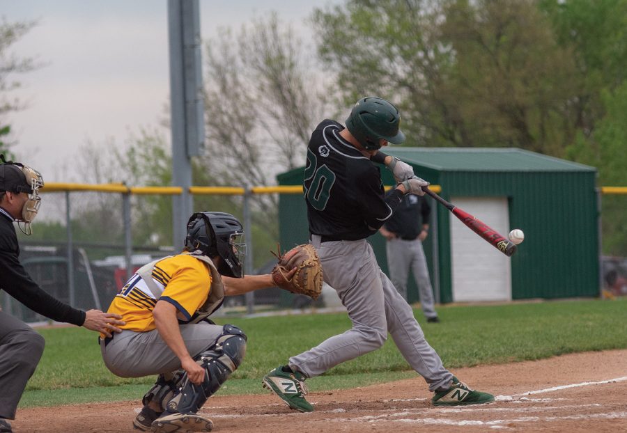  Senior Zack Hay connects with the ball during a home game against BHS April 23. The Bruins would win [5-2] over the Spartans in a smashing victory.   