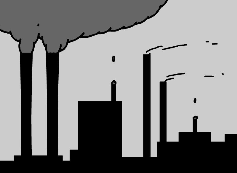 Smoke rising from a city filled with smokestacks. Animation by Jared Geyer.