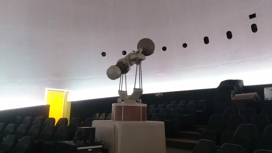 The RBHS planetariums starball sits on its raised platform underneath the full dome in the center of the seating area. Photo by Anjali Noel Ramesh.