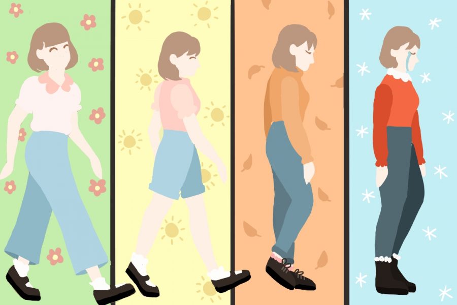 Girl walking through four panels representing the seasons. Progressively appears sadder as seasons become cold and dark. Art by Lorelei Dohm