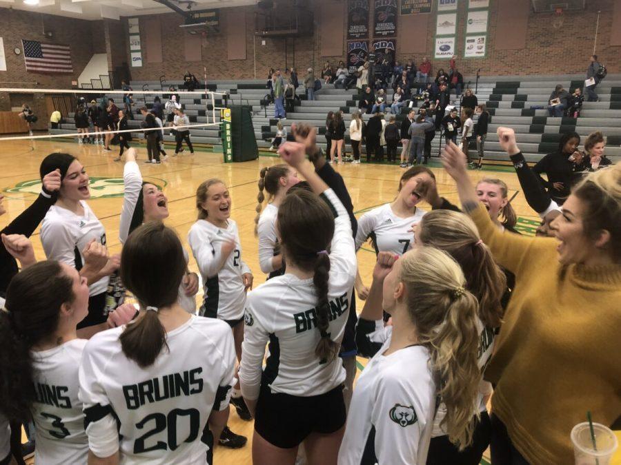 After the win, the Bruins gather in a quick huddle to celebrate their victory. They will play Blair Oaks tonight at home for their last home game of the season. Photo by Anna Xu. 