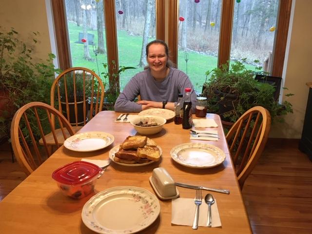 Senior Bailey Stover enjoys a breakfast of French toast, sausage and fruit on her seventh day of social distancing. Photo by Robin Stover.