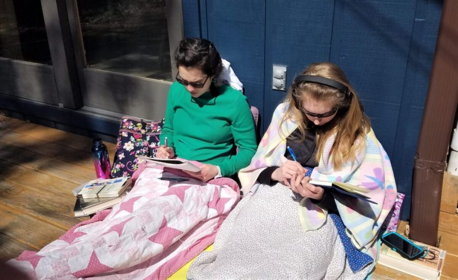 Junior Audrey Novinger writes while her sister freshman Brooke Novinger draws. Photo by Sarah Ginter-Novinger