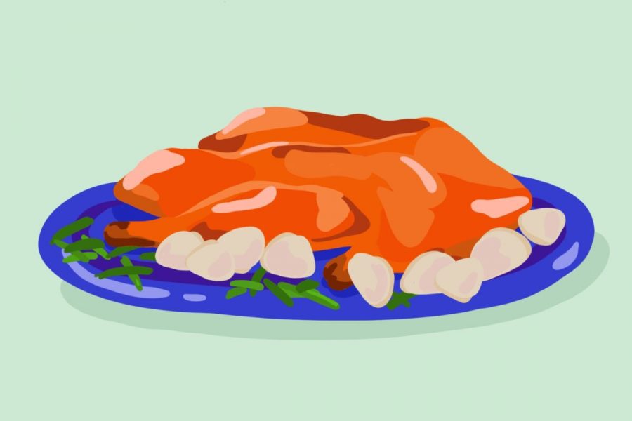 Peking duck is a traditional Chinese dish often served with  bing. Art by Sarah Ding.