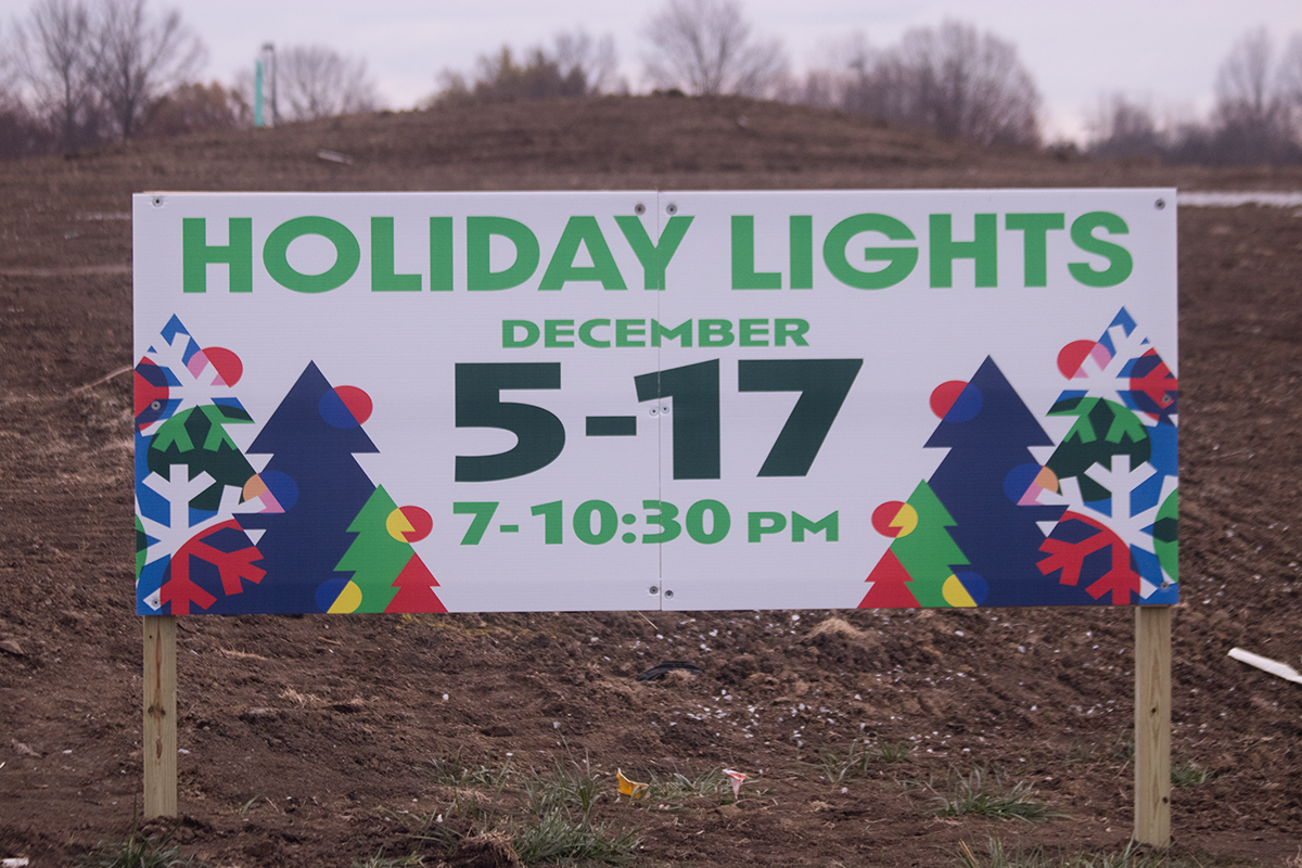 Veterans Uniteds sign on the property informs community members of the upcoming holiday lights display.