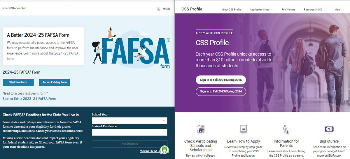 Photos of the FAFSA and CSS Profile websites. The final deadline for the FAFSA is Jun. 30 and the CSS Profile is Feb. 25. 