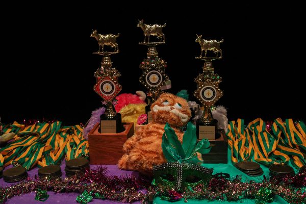 Garfield sits between the sweepstakes trophies at the award display for COMO Classic on Feb. 3.