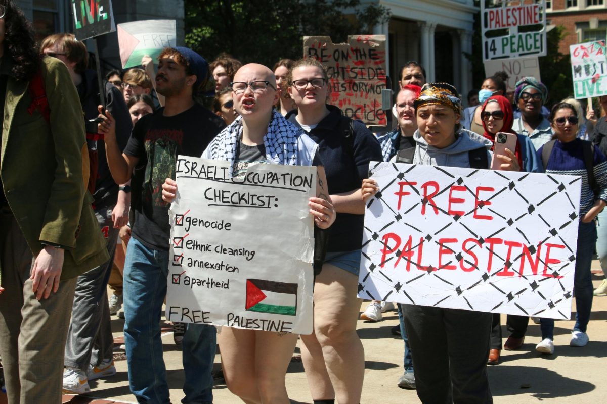 Chants like, free, free Palestine, filled the street as demonstrators made their way around the Francis Quadrangle.