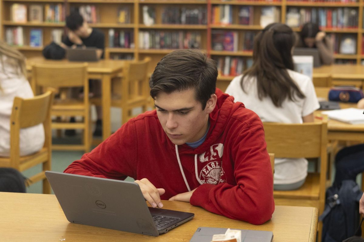 Jacob McCullough stares at his computer in confusion. His AP Statistics test is next block and is a source of anxiety. 